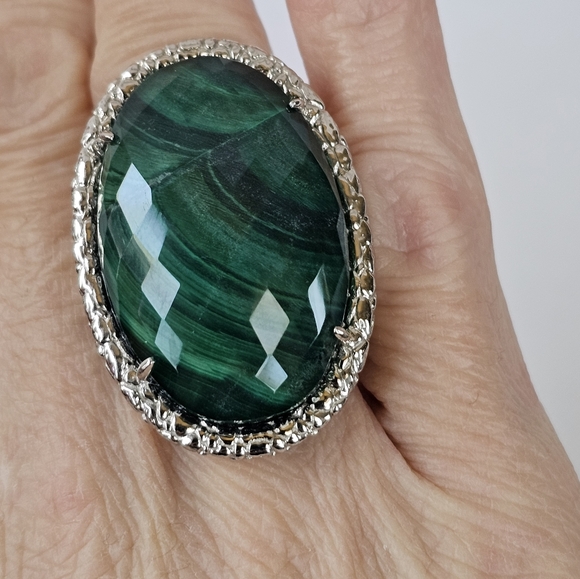 Genuine Malachite Faceted Colleen Lopez Ring Platinum & Sterling Silver Sz 6! - Picture 7 of 8